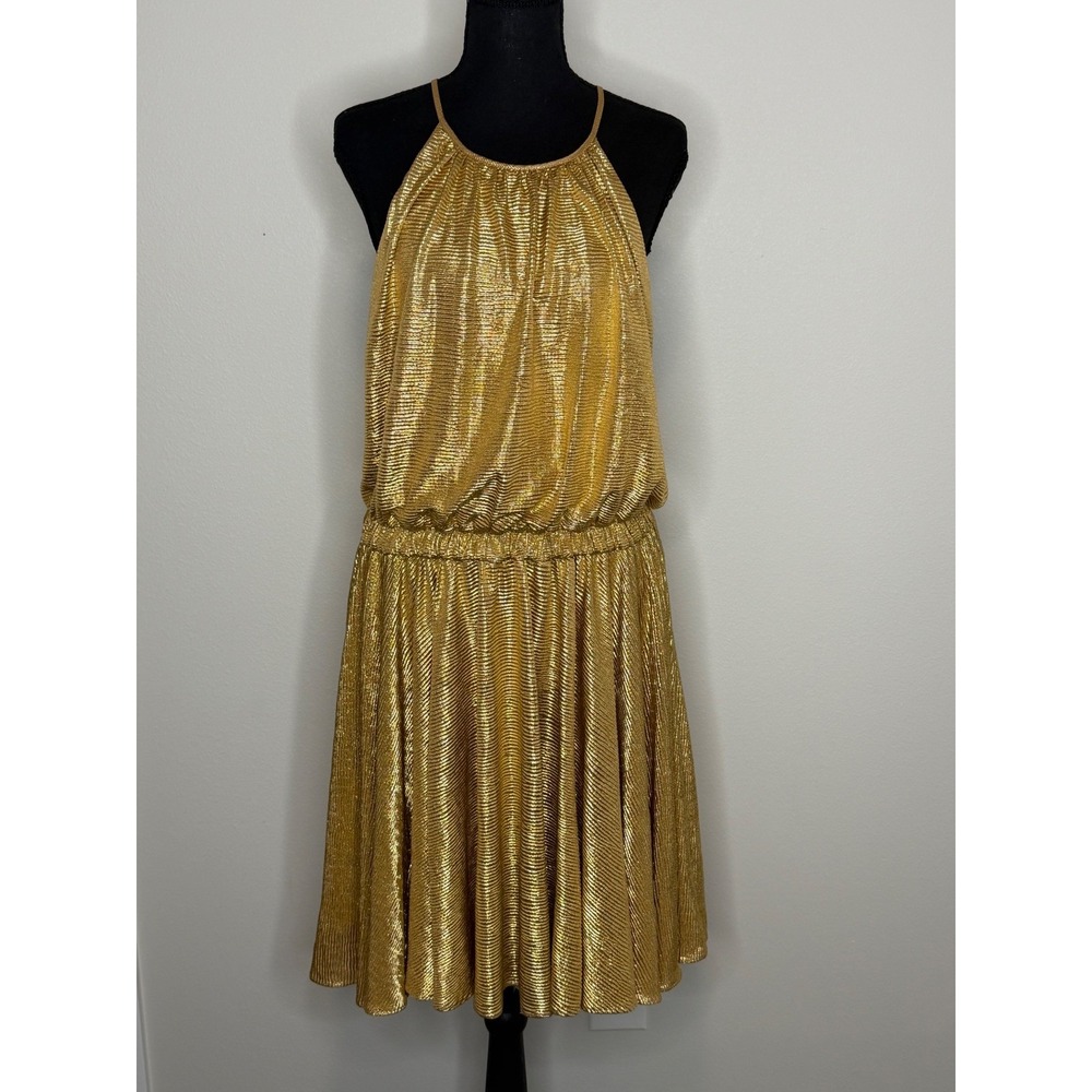 Halston Heritage Gold Metallic Pleated Halter Mini Dress Large Disco Cocktail - Picture 2 of 9